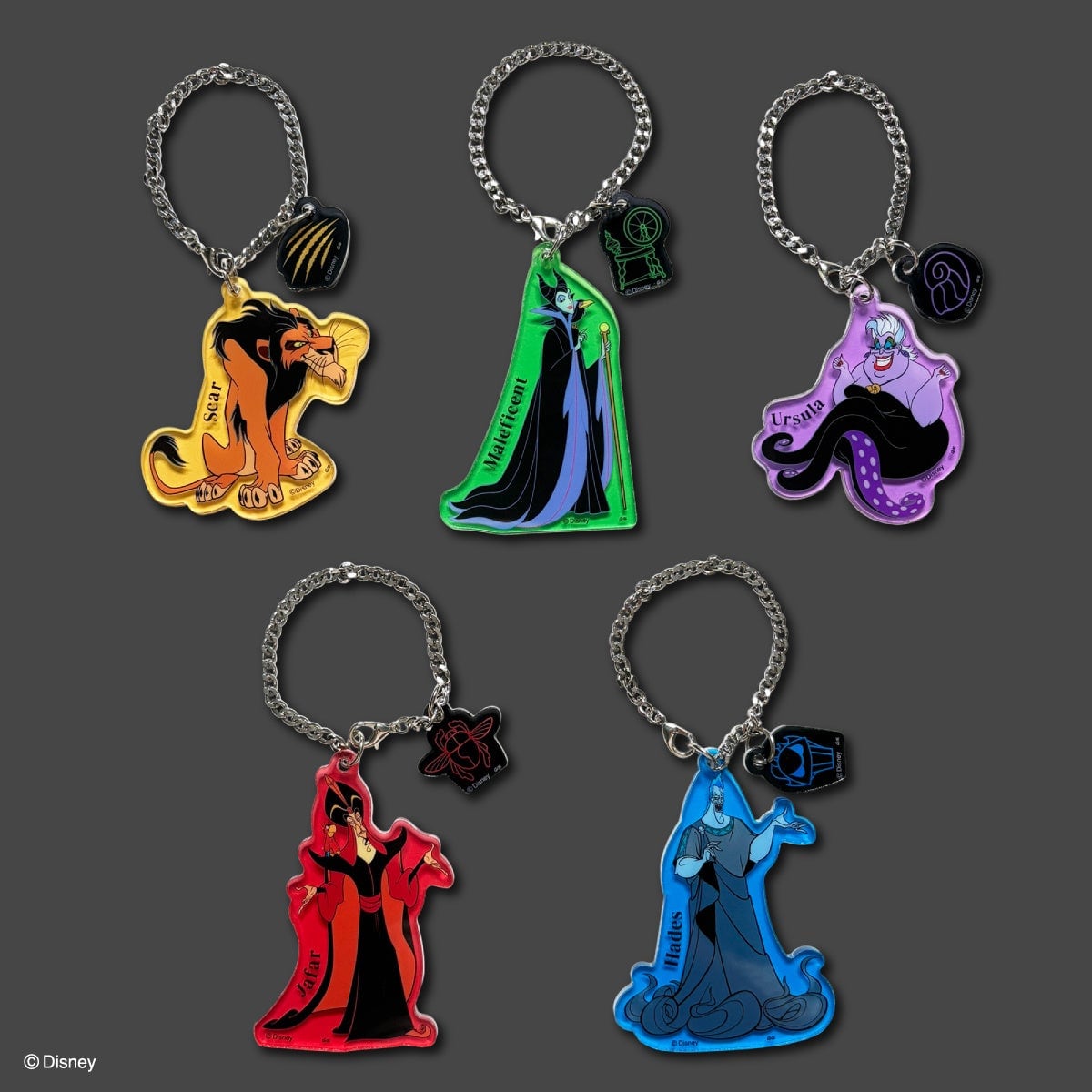 ディズニーヴィランズのアクリルキーホルダー全5種。スカー、マレフィセント、アースラ、ジャファー、ハデスの立ち姿に、それぞれチェーンと小さなチャームが付く