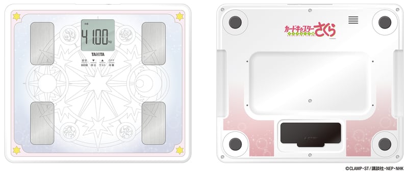 『カードキャプターさくら』×タニタの音声体組成計 BC-204L。天面に魔法陣のイラスト、背面に作品タイトルとピンクのグラデーションが入る