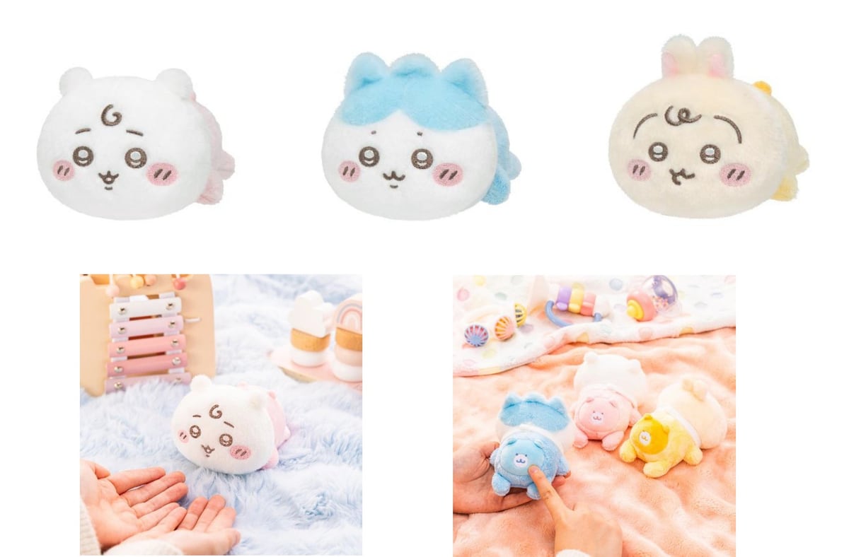 ハイハイぬいぐるみ3種。ちいかわ（ピンク）・ハチワレ（水色）・うさぎ（黄色）が横向きにハイハイしているぬいぐるみ