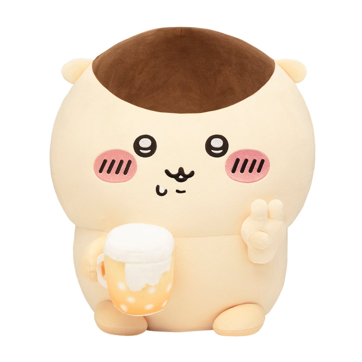 A賞の超BIGぬいぐるみ。ビールジョッキを片手に持ち、ほっぺを赤くしてピースサインをしているくりまんじゅう