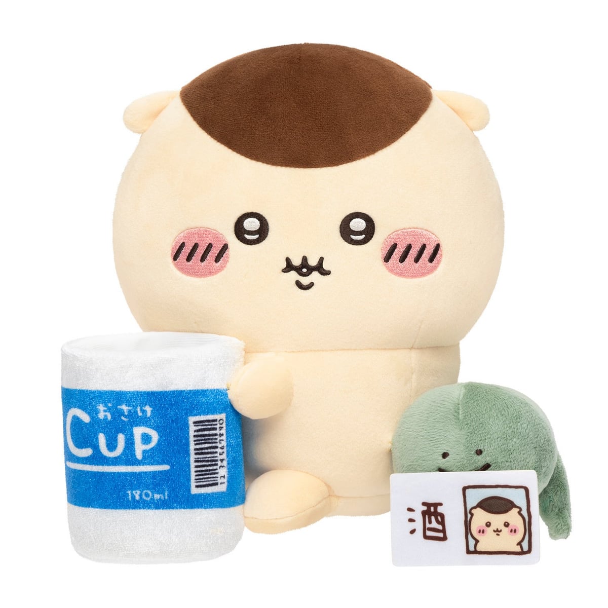 B賞のぬいぐるみ付き小物立て。「おさけCUP」と書かれたカップを抱えたくりまんじゅうと、「酒」の免許証をくわえたトカゲのぬいぐるみ
