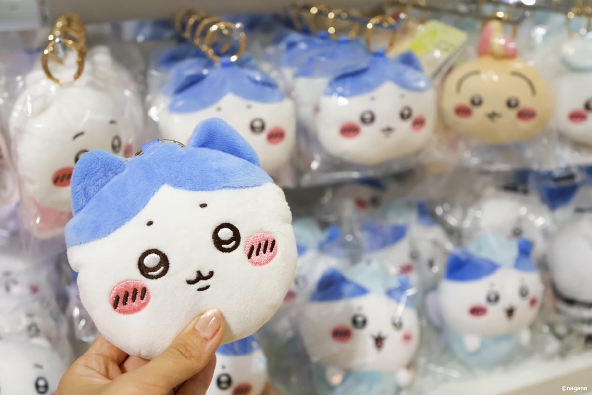 ハチワレの顔の形をしたぬいぐるみ雑貨を手に持ち、後ろにも同じシリーズが吊り下がっている