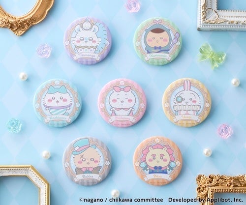 アリスなトレーディング缶バッジ全7種。パステルカラーの額縁風デザインの缶バッジが7個並んでいる