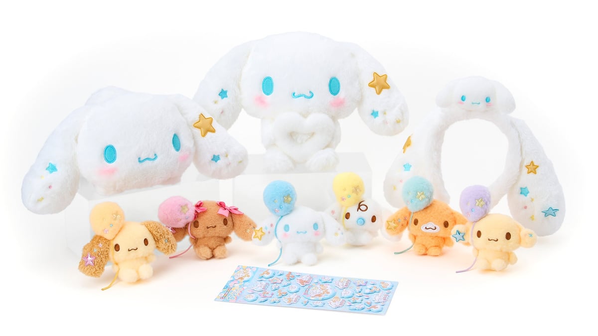 シナモロールパーク会場限定グッズ(ぬいぐるみ、カチューシャ、風船マスコット、ぷっくりシール)