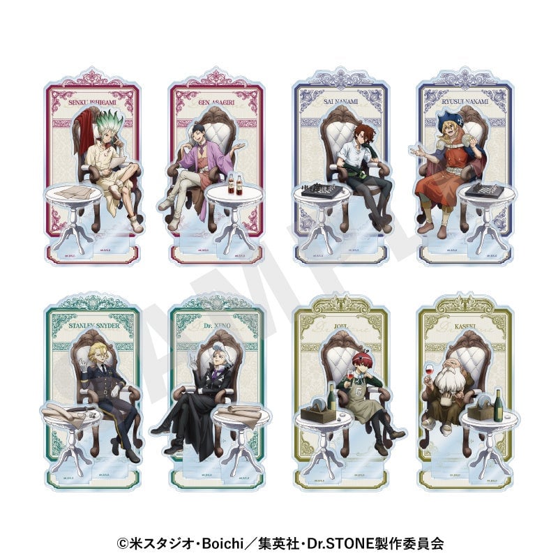 背景付きアクリルスタンド 対話 ver. 全8種。椅子に座ったキャラクターとサイドテーブルが立体的に組まれている