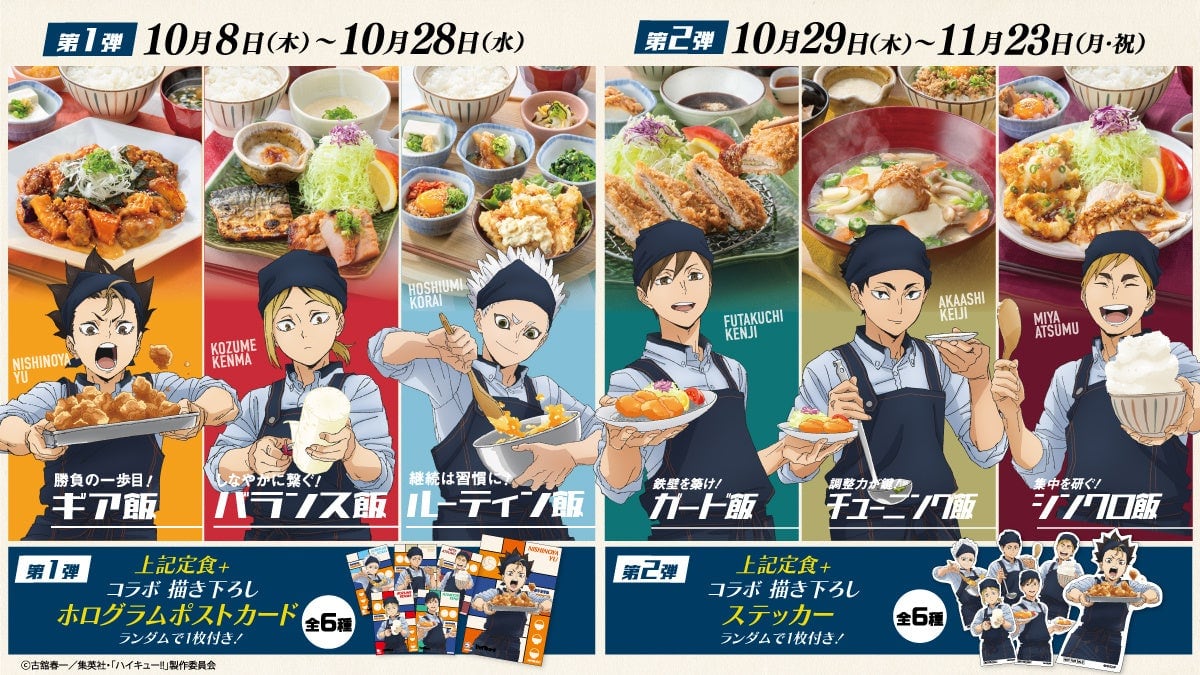 コラボ定食6種の紹介画像。第1弾はギア飯・バランス飯・ルーティン飯、第2弾はガード飯・チューニング飯・シンクロ飯