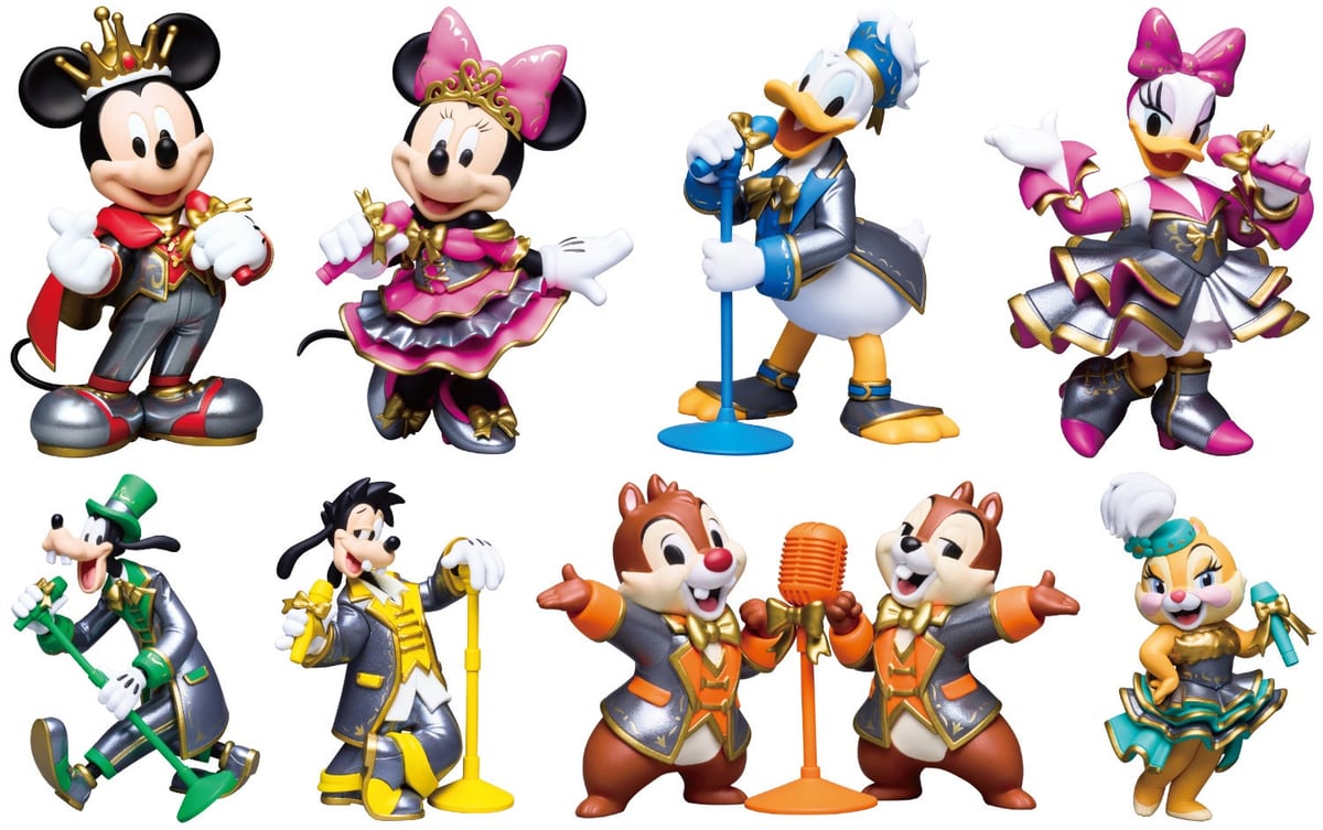 A賞 フィギュアコレクション全8種。ミッキー、ミニー、ドナルド、デイジーをはじめとしたキャラクターが、それぞれステージ衣装の姿で立体化されている