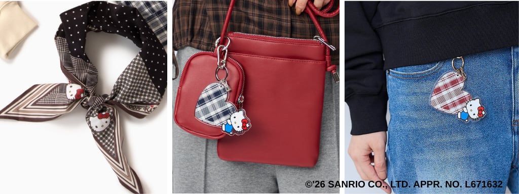 N+「Hello Kitty」Collectionの小物。キティ柄が入ったひし形スカーフと、チェック柄のハートにキティが添えられたハート型チャーム