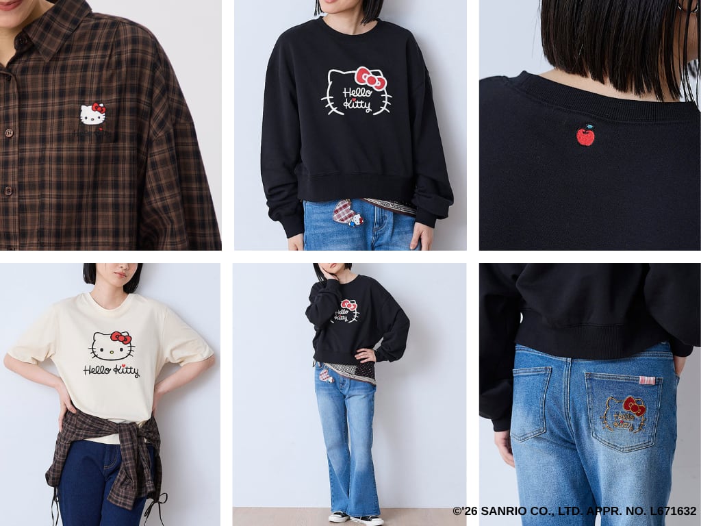 N+「Hello Kitty」Collectionのウェア。胸ポケットにキティの刺しゅうが入ったブラウンのチェックシャツ、キティの顔が大きく入ったブラックのプルオーバーとアイボリーのTシャツ、後ろポケットに刺しゅうが入ったデニム
