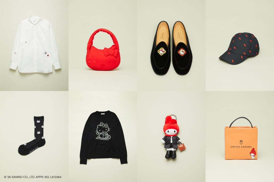 KIDDY LAND｜UNITED ARROWS ハローキティ＆マイメロディのアイテム。白シャツ、赤いバッグ、ハローキティのワンポイントが入った黒いベルジャンシューズ、赤いリボン柄のキャップ、黒いソックス、ハローキティを大きく描いたメンズニット、黒い服を着たマイメロディのマスコット、マイメロディが描かれたオレンジのショッパー型アイテム