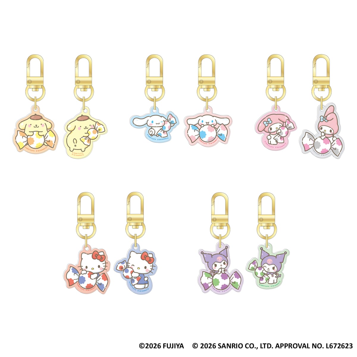 ミルキー×サンリオキャラクターズ ツインキーチャーム全5種。ポムポムプリン、シナモロール、マイメロディ、ハローキティ、クロミがそれぞれキャンディを抱えている