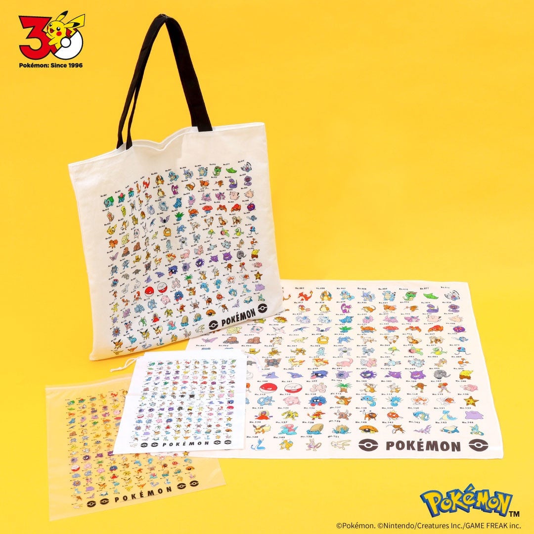 3COINS×ポケモン design3の商品。初代151匹のポケモンが番号付きでずらりと並んだトートバッグ、BIGハンカチ、ビニール巾着、ジップバッグ