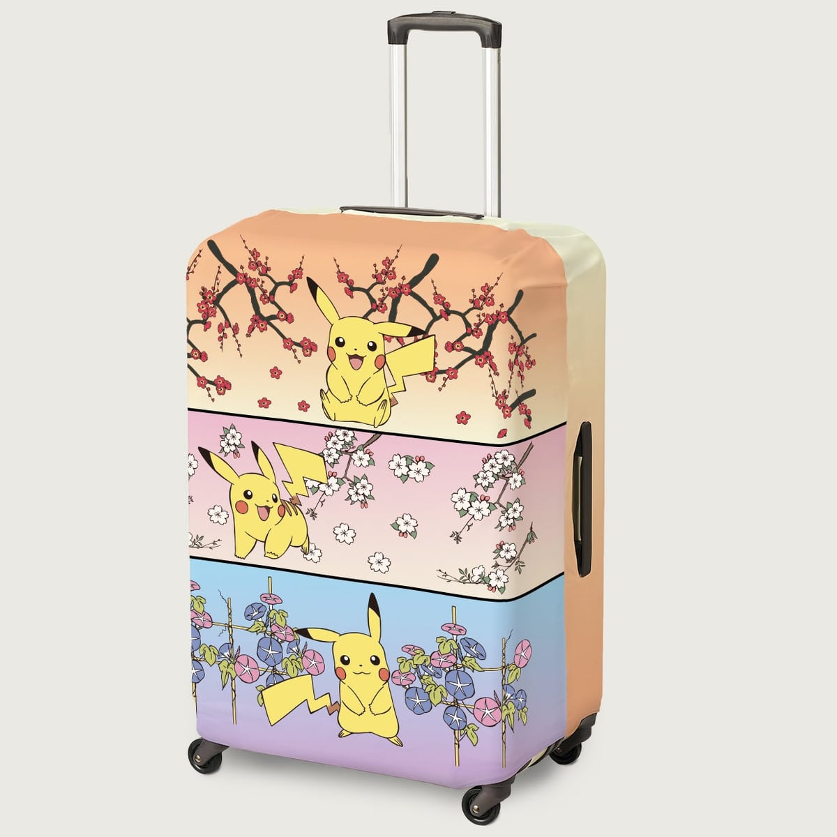 ピカチュウと梅・桜・朝顔を組み合わせた柄のスーツケースカバー