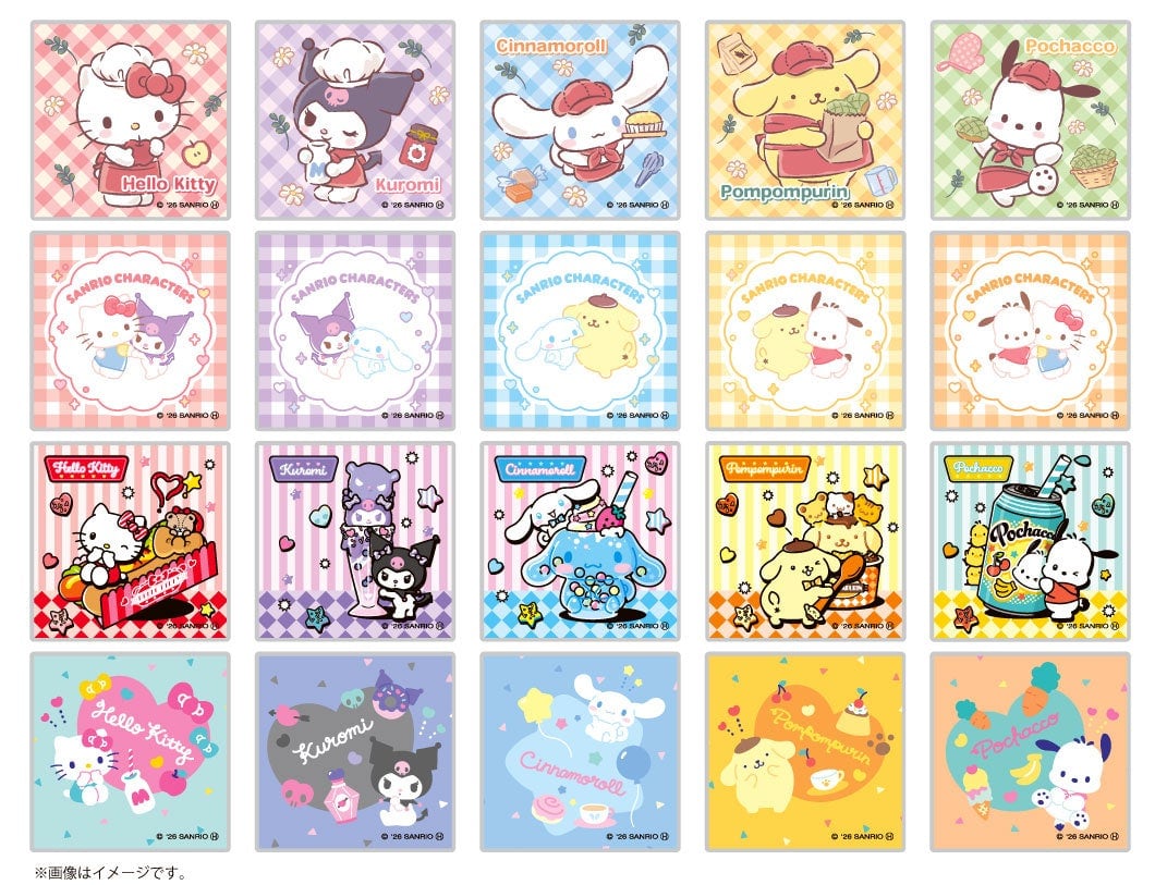 全20種類のシールの一覧。ハローキティ、クロミ、シナモロール、ポムポムプリン、ポチャッコが各4デザイン