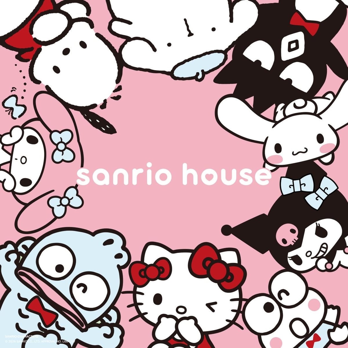 サンリオハウスのビジュアル。ピンクの背景の中央に「sanrio house」のロゴがあり、周りをサンリオキャラクターが囲んでいる