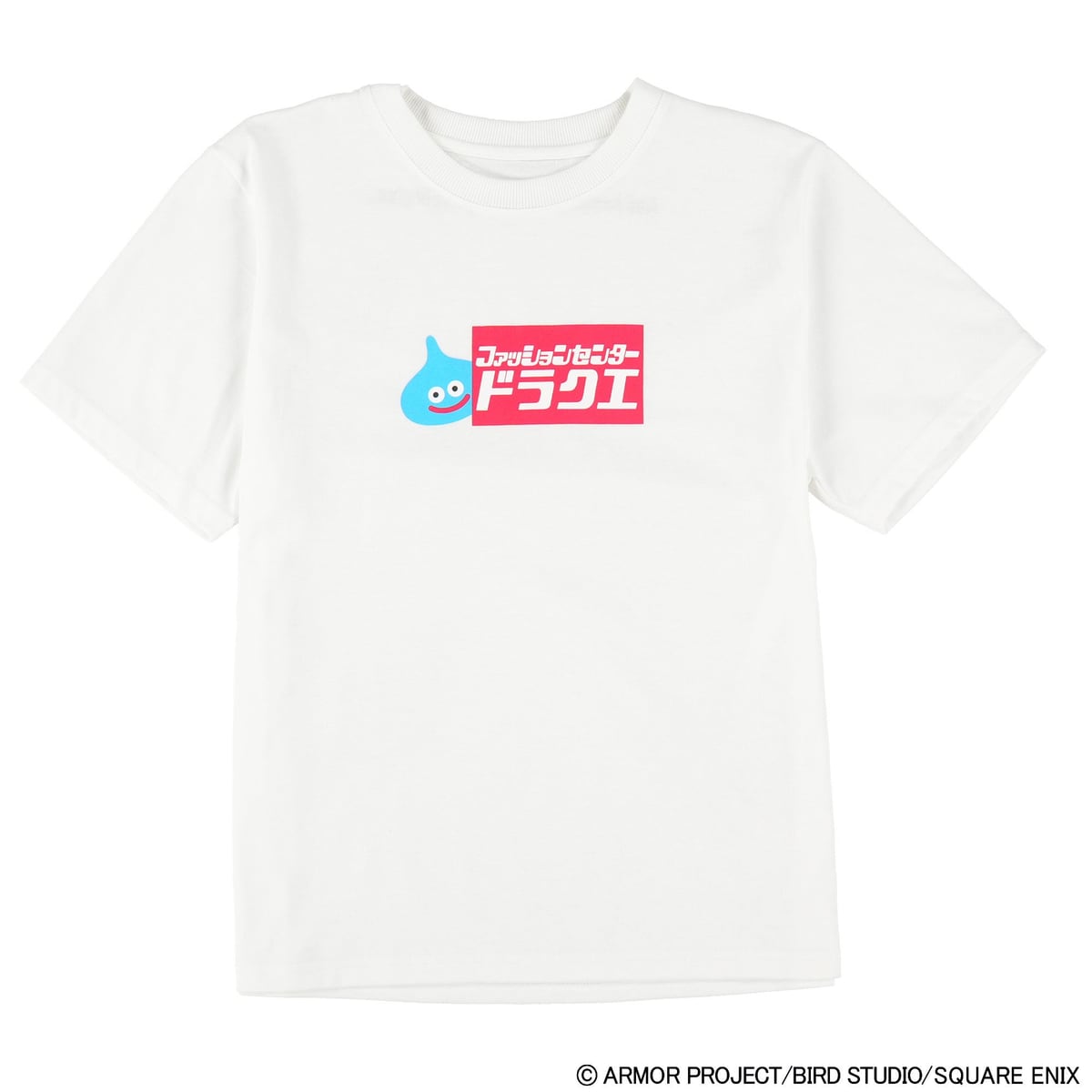 レディースTシャツ（白）。胸に「ファッションセンタードラクエ」のロゴ