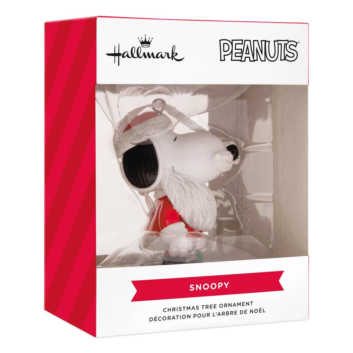 サンタクロースの衣装と白いひげを付けたスヌーピーのレジン製オーナメント。HallmarkとPEANUTSのロゴが入った赤い箱に入っている