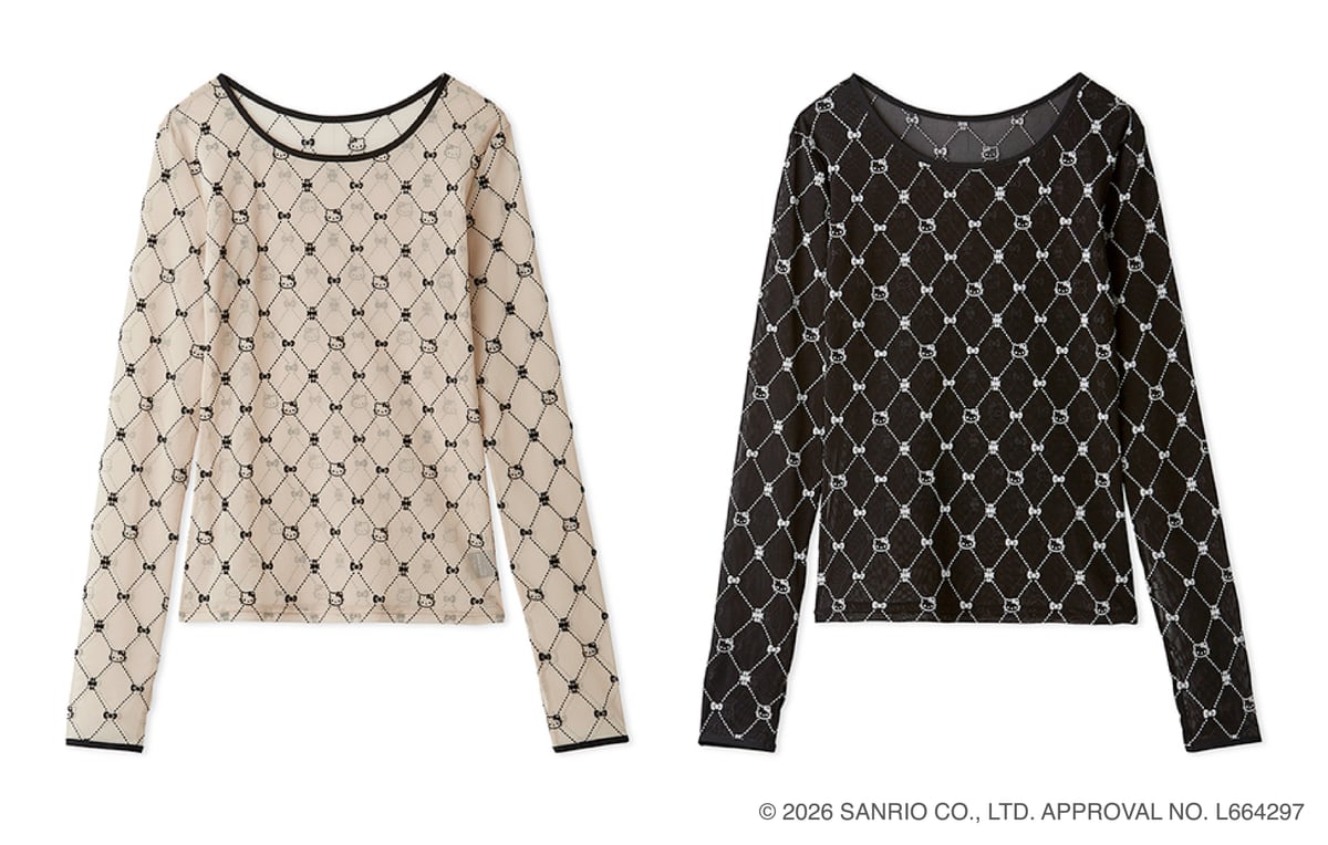 シアートップスのBEG(左)とBLK(右)。ハローキティのフェイスとリボンをつないだ総柄の長袖シアートップス