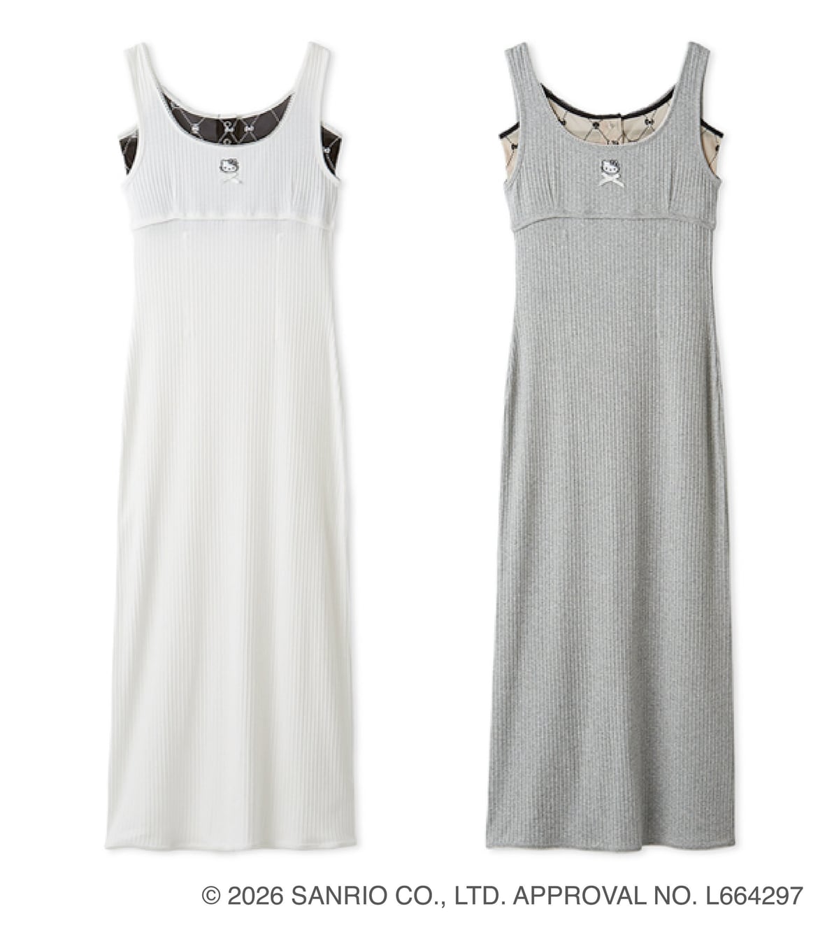 レイヤードタンクドレスのWHT(左)とGRY(右)。リブ素材のロング丈タンクドレスで、胸元にハローキティの刺繍が入る
