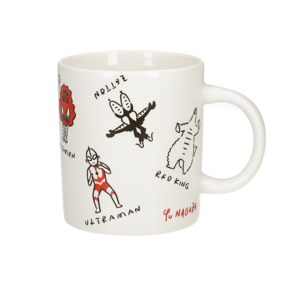 ULTRAMAN STORE×長場雄 コラボマグカップ。白いマグにウルトラマンと怪獣たちのイラストが散りばめられている