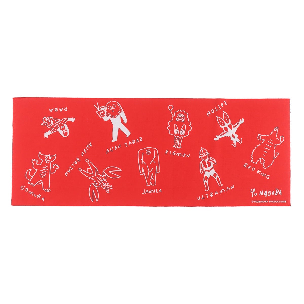 ULTRAMAN STORE×長場雄 コラボ手ぬぐい。赤地にウルトラマンと怪獣たちの白い線画イラスト