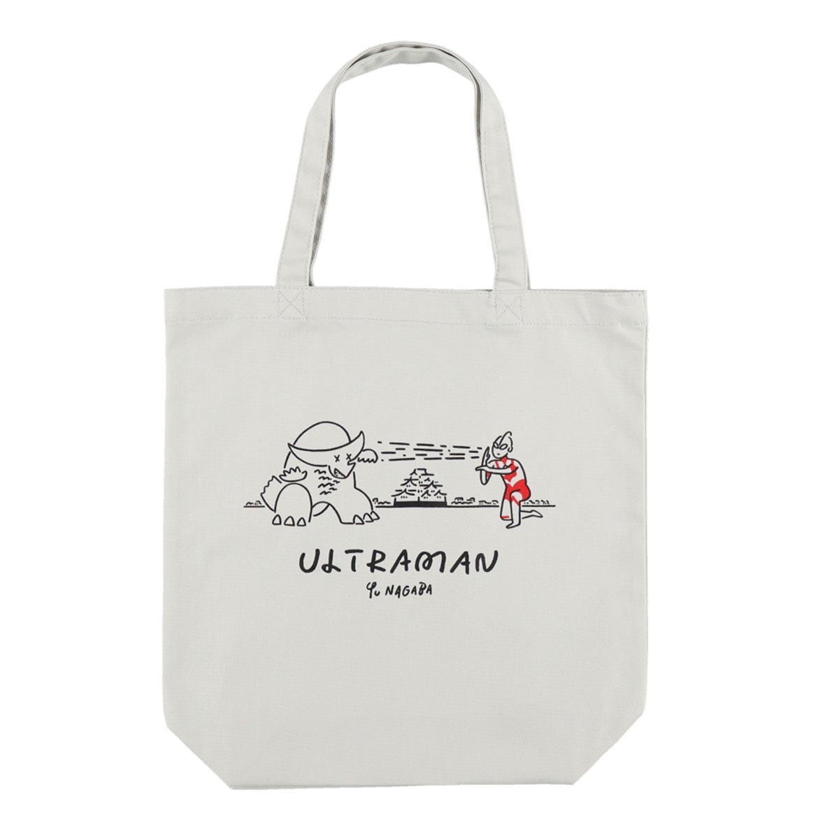 ULTRAMAN STORE×長場雄 コラボトートバッグ。ライトグレーの生地にウルトラマンとゴモラの線画イラスト
